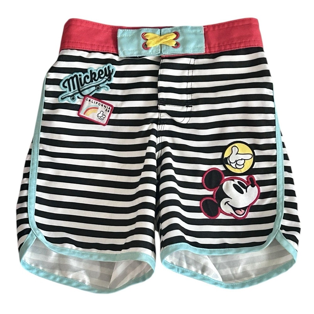 Disney Store Mickey Mouse Swim Trunks Shorts Boy Size‎ 4 Striped Patches Lined